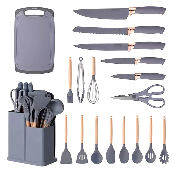 Set ustensile bucatarie 19 piese silicon alimentar cutite tocator termorezistente antiaderente suport blat GRI